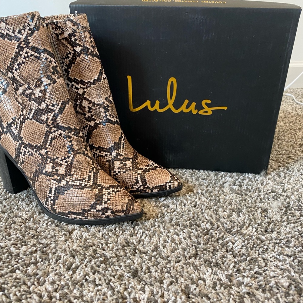 Lulus Essex Tan Snake Mid-Calf Booties